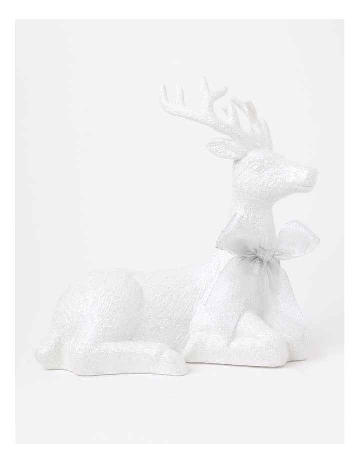 Eucalyptus Christmas Glittered Sitting Reindeer withHessian Bow 31cm in White
