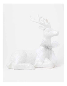 Eucalyptus Christmas Glittered Sitting Reindeer withHessian Bow 31cm in White