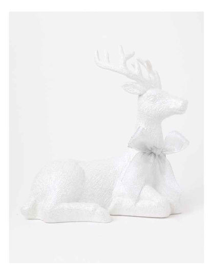 Eucalyptus Christmas Glittered Sitting Reindeer withHessian Bow 31cm in White