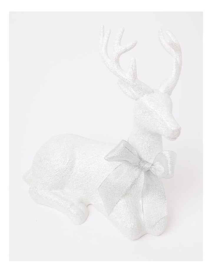 Eucalyptus Christmas Glittered Sitting Reindeer withHessian Bow 31cm in White