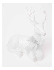 Eucalyptus Christmas Glittered Sitting Reindeer withHessian Bow 31cm in White