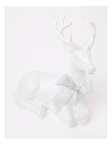 Luxe Eucalyptus Christmas Glittered Sitting Reindeer withHessian Bow 31cm in White