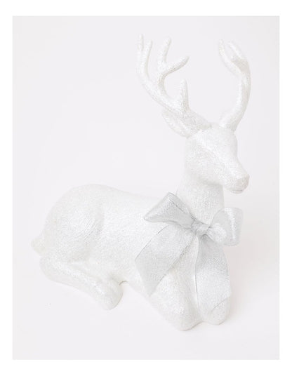 Luxe Eucalyptus Christmas Glittered Sitting Reindeer withHessian Bow 31cm in White