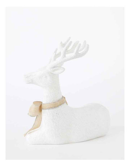 Eucalyptus Christmas Glittered Sitting Reindeer withHessian Bow 31cm in White