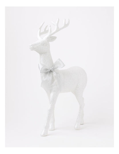 Luxe Eucalyptus Christmas Glittered Standing Reindeer withHessian Bow 46cm in White