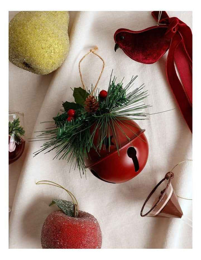 Heirloom Christmas Metal Bell Bauble withFoliage 10cm in Red