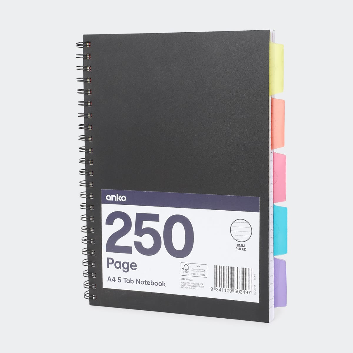 250 Page A4 5 Tab Notebook - Black