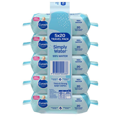 Curash Baby Travel Water Wipes 5 x 20 Pack