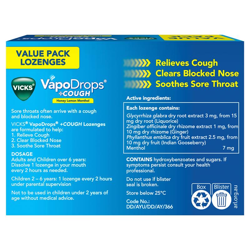 Vicks VapoDrops + Cough Honey Lemon Menthol 36 Lozenges
