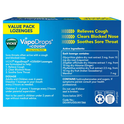 Vicks VapoDrops + Cough Honey Lemon Menthol 36 Lozenges