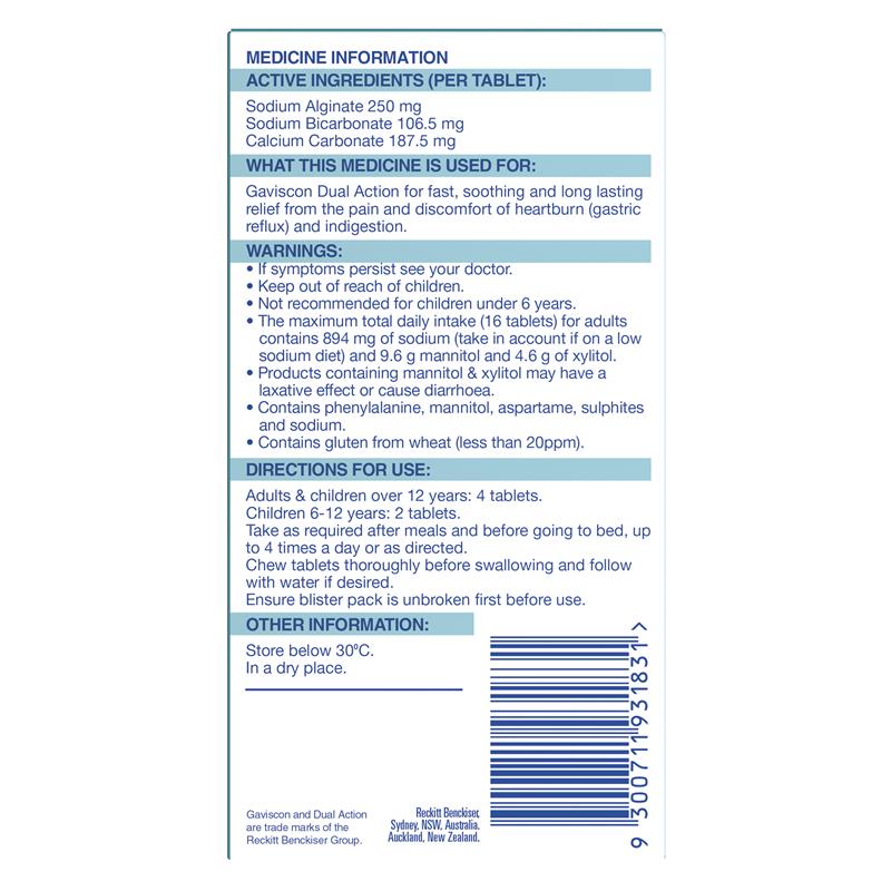 Gaviscon Dual Action Chewable Tablets Peppermint Heartburn & Indigestion Relief 32 Pack