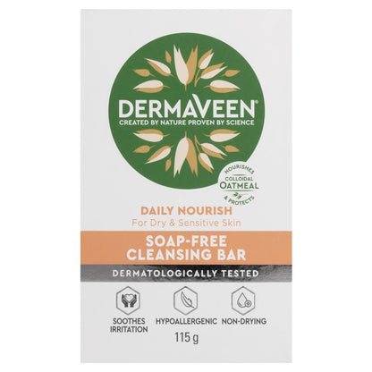 DermaVeen Daily Nourish Soap-Free Cleansing Bar for Dry & Sensitive Skin 115g