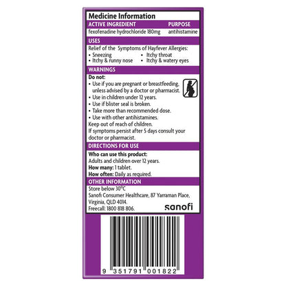 Telfast Hayfever Allergy Relief 180mg Antihistamine Tablets Non-Drowsy - 10 Pack