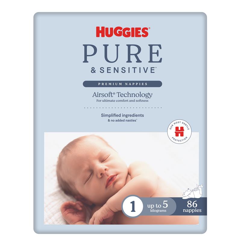 Huggies Pure and Sensitive Nappies Size 1 (Up To 5Kg)  86 Pack