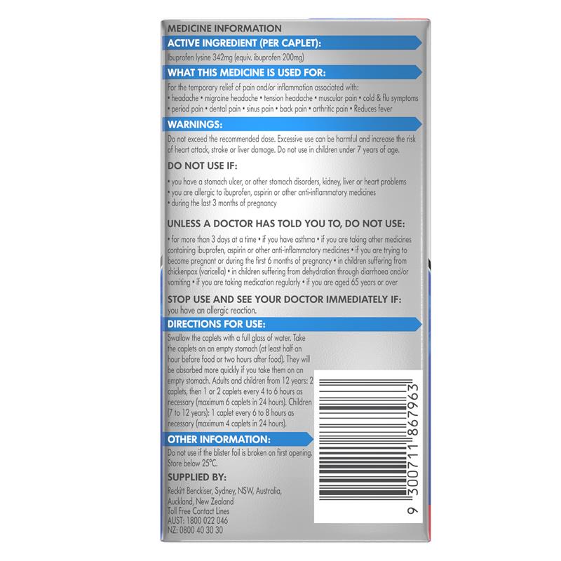 Nurofen Quickzorb Pain Relief Caplets 48 pack Ibuprofen Lysine 342mg