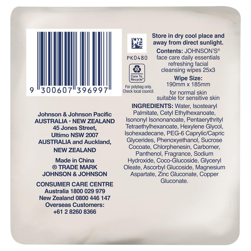 Johnson's Face Care Refreshing Facial Cleansing Wipes For Normal Skin 3 x 25 Pack