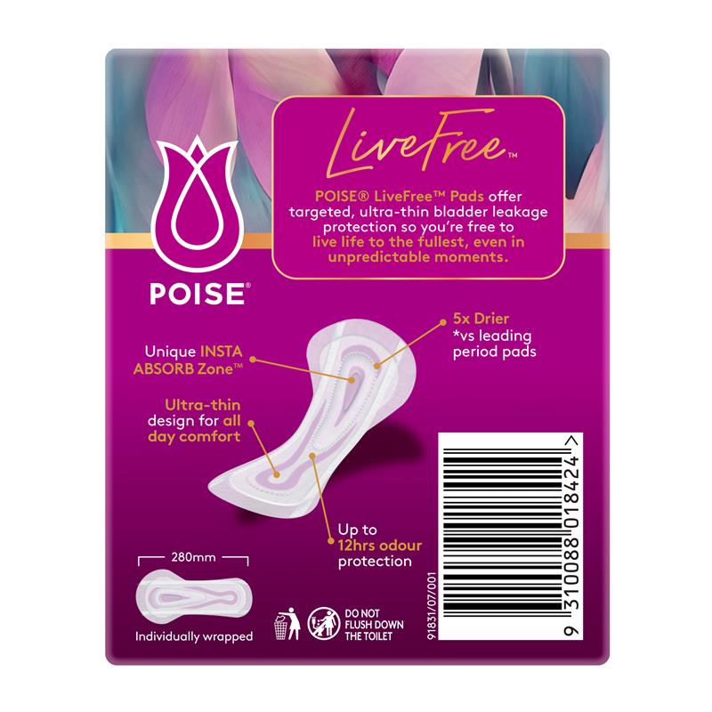 Poise LiveFree Incontinence Pads Super No Wings 12 Pack