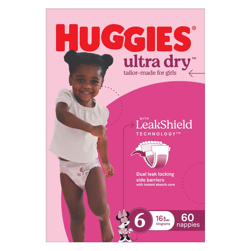 Huggies Ultra Dry Nappies Girls Size 6 (16kg+) 60 Pack