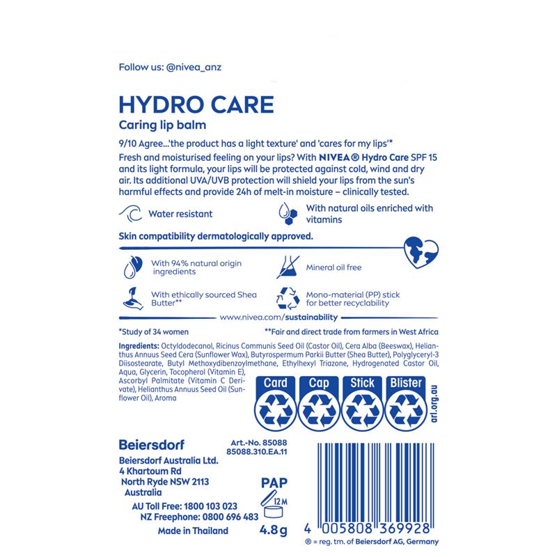 NIVEA Hydro Care Moisturising Lip Balm SPF15 4.8g