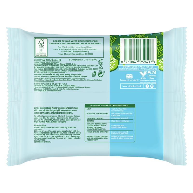 Simple Micellar Facial Wipes 20 Pack