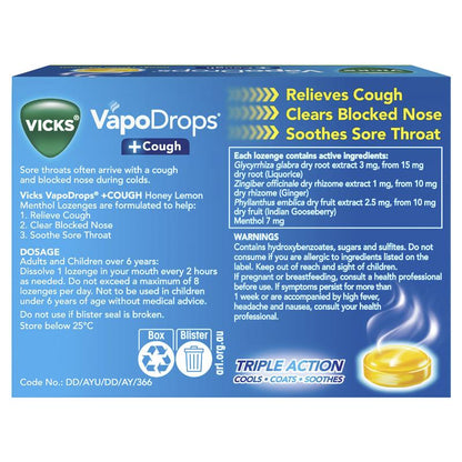 Vicks VapoDrops + Cough Honey Lemon Menthol 36 Lozenges