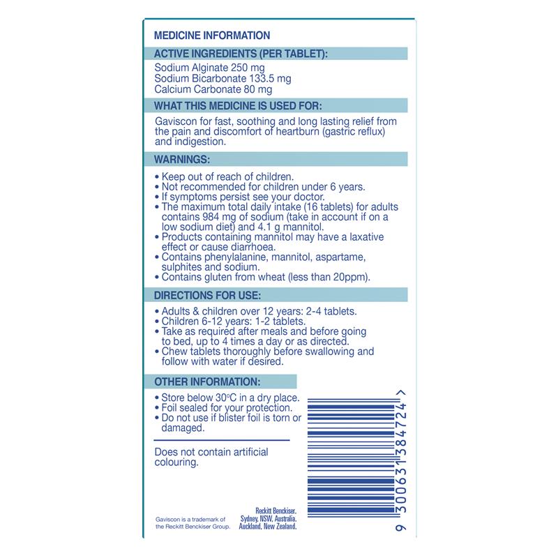 Gaviscon Chewable Tablets Peppermint Heartburn & Indigestion Relief 48 Pack