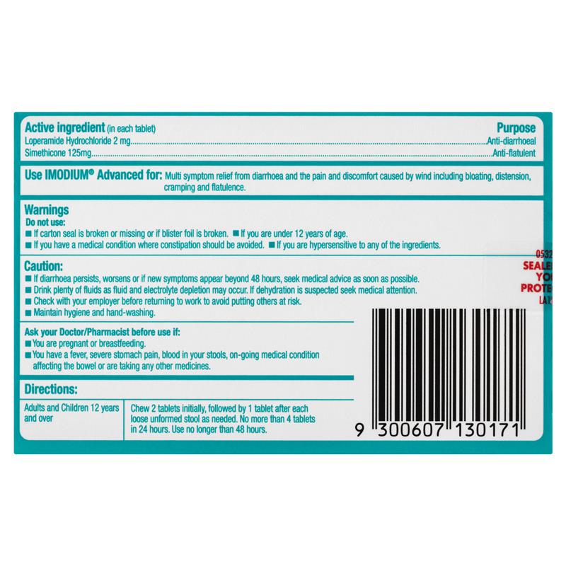 Imodium Advanced Diarrhoea Plus Wind Pain Chewable Tablets Mint Flavour 12 Pack