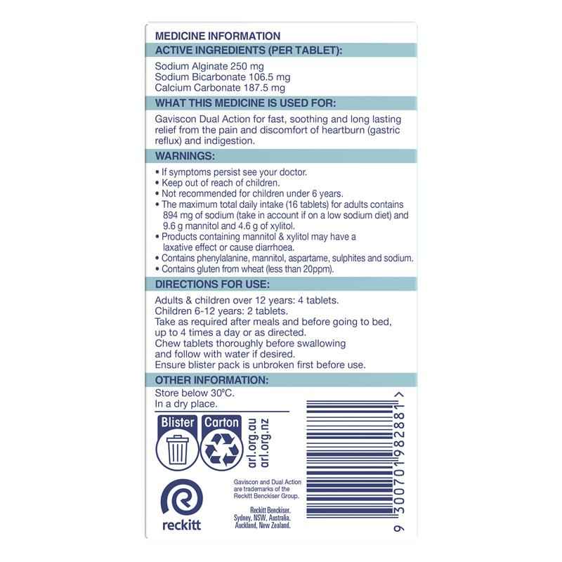 Gaviscon Dual Action Chewable Tablets Peppermint Heartburn & Indigestion Relief 16 Pack