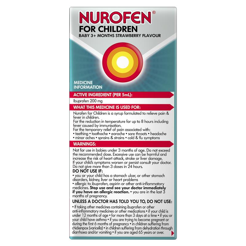 Nurofen For Children Baby 3+ Months Pain and Fever Relief Concentrated Liquid 200mg/5ml Ibuprofen Strawberry 50ml