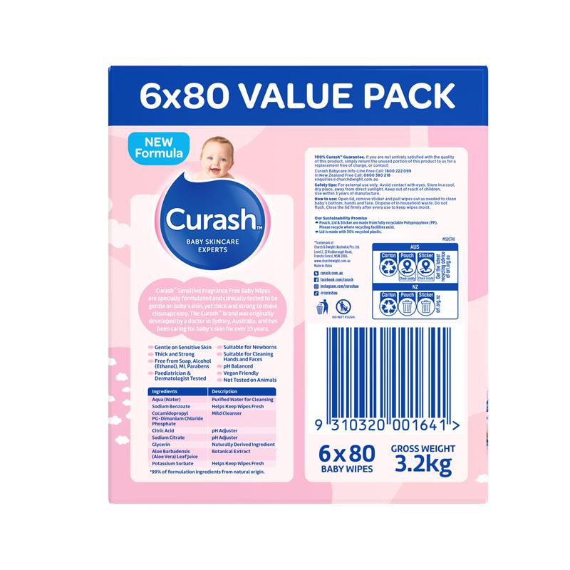 Curash Baby Sensitive Wipes 6 x 80 Value Pack