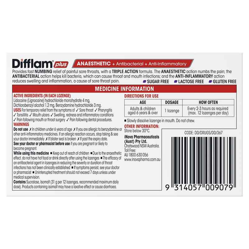 Difflam Plus Anaesthetic Sugar Free Blackcurrant 16 Lozenges