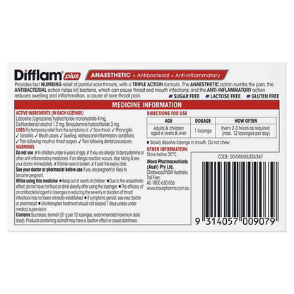 Difflam Plus Anaesthetic Sugar Free Blackcurrant 16 Lozenges