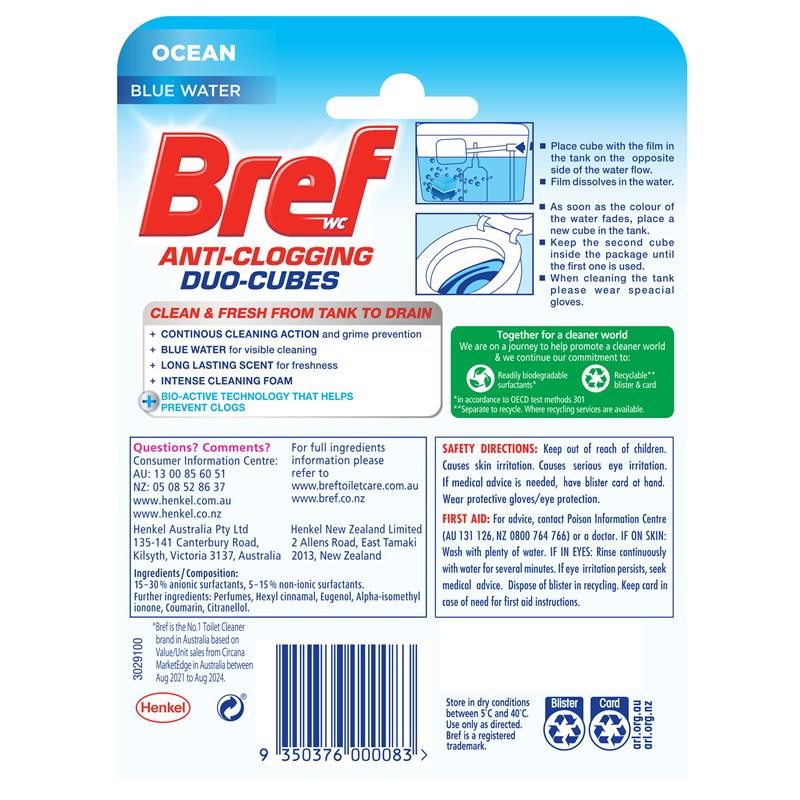Bref Duo Cubes Blue Action Toilet Cleaner Block In Cistern 2 Pack