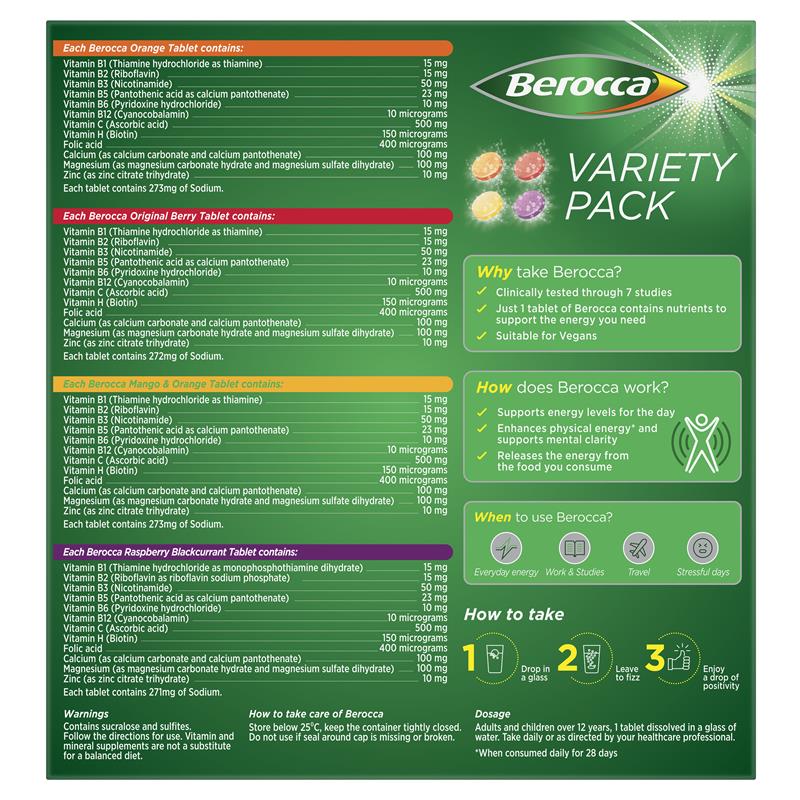 Berocca Energy Variety 60 Effervescent Tablets (4 x 15 Variety Pack) Exclusive Pack - GimmeNow