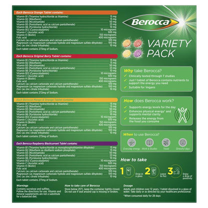 Berocca Energy Variety 60 Effervescent Tablets (4 x 15 Variety Pack) Exclusive Pack - GimmeNow