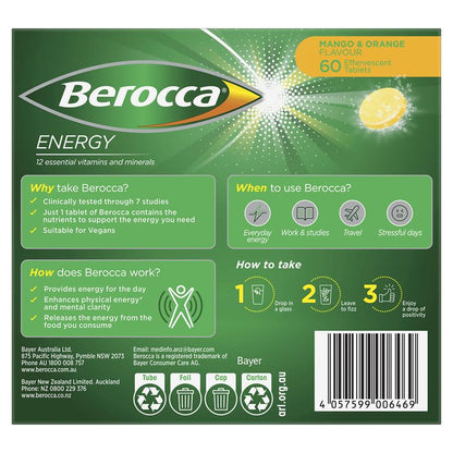 Berocca Energy Mango And Orange 60 Effervescent Tablets Exclusive Size - GimmeNow