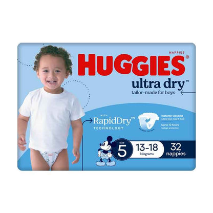 Huggies Ultra Dry Nappies Size 5 Boy 13-18kg Bulk 32 Pack