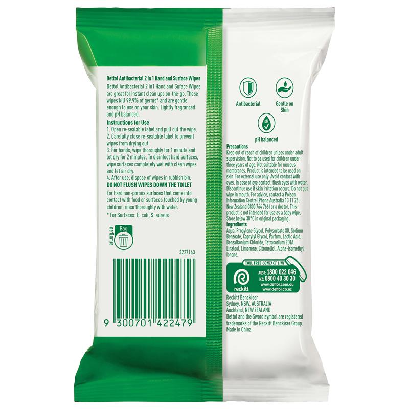 Dettol Hands and Surface Wipes 15pk 2 in 1 Antibacterial