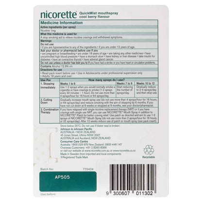 Nicorette Quit Smoking QuickMist Mouth Spray Cool Berry 150 Sprays (13.2mL x 1)