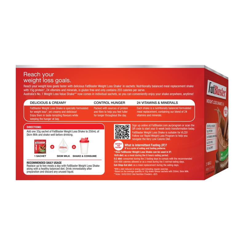 Fatblaster Weight Loss Shake Chocolate 21 x 33g Sachets Exclusive Size