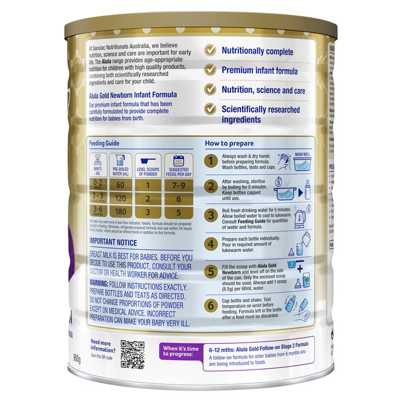 Alula Gold Stage 1 Newborn Infant Formula 0-6 Months 900g