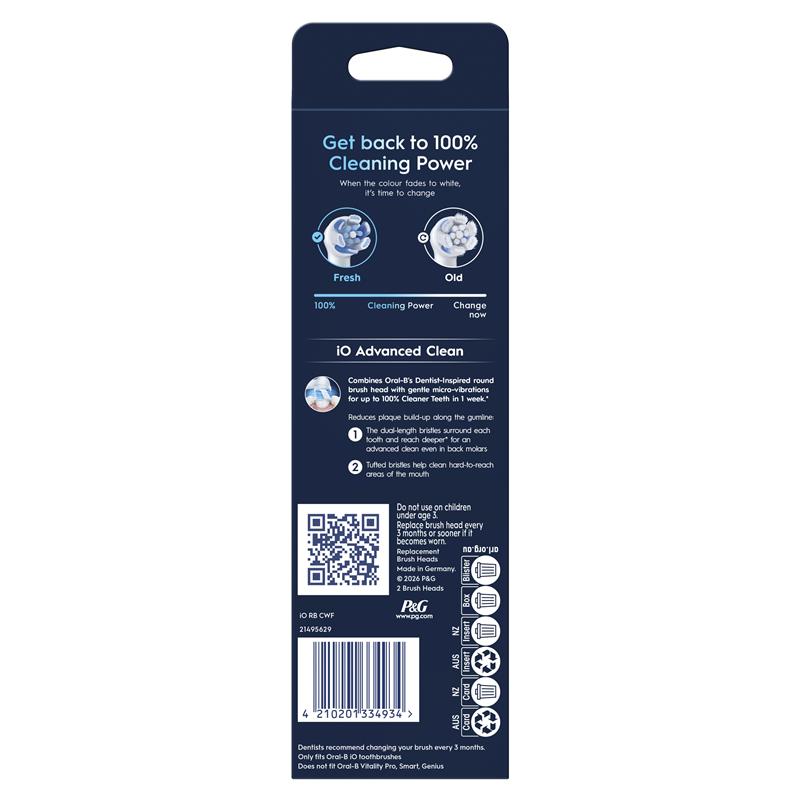 Oral B Power Toothbrush iO Advanced Clean Refills White 2 Pack