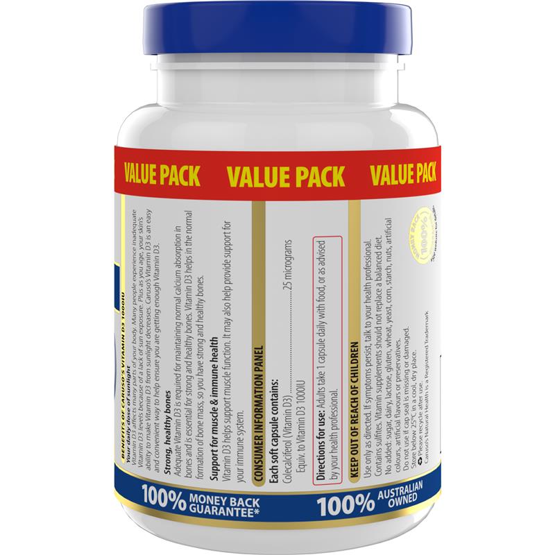 Carusos Vitamin D3 1000IU 500 Capsules