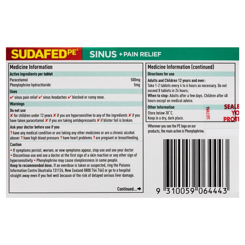 Sudafed PE Sinus + Pain Relief Tablets 48 Pack