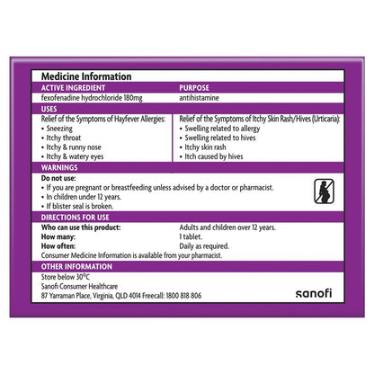 Telfast Hayfever Allergy Tablets 180mg 100 Pack Exclusive Size