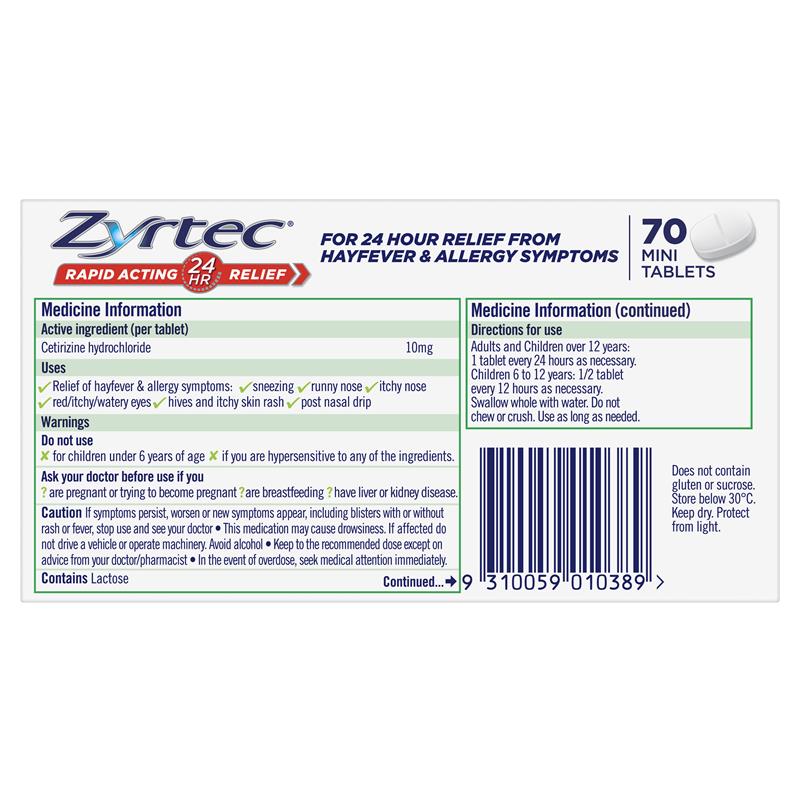 Zyrtec Rapid Acting Antihistamine Allergy & Hayfever Mini Tablets 70 Pack
