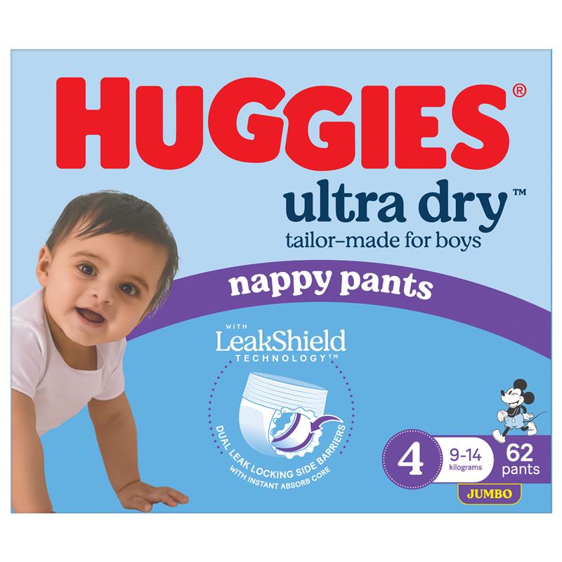 Huggies Ultra Dry Nappy Pants Boys Size 4 (9-14kg) 62 Pack