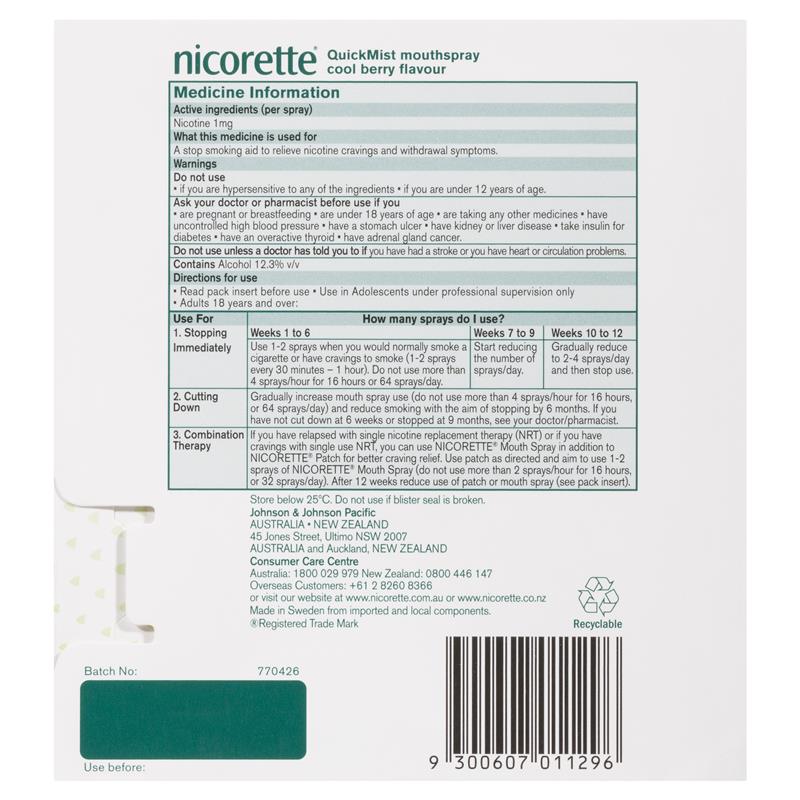 Nicorette Quit Smoking QuickMist Nicotine Mouth Spray Cool Berry 2 x 150 Sprays