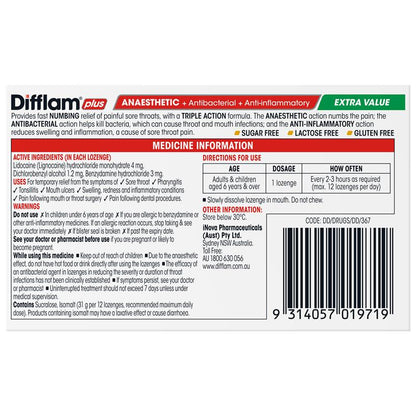 Difflam Sore Throat Sugar Free Honey And Lemon 48 Lozenges