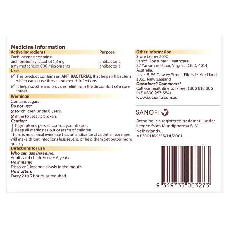 Betadine Sore Throat Lozenges Soothing Honey & Lemon Flavour 16 Pack